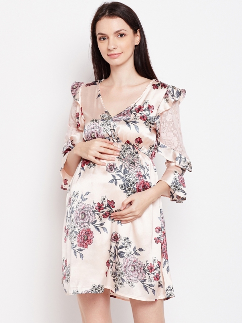 Oxolloxo Women Peach-Coloured Floral Print Maternity Empire Dress