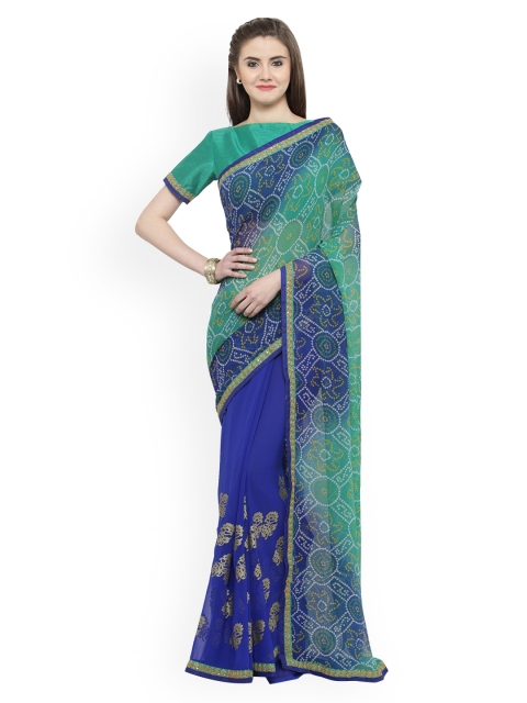 Shaily Blue & Green Pure Georgette Bandhani Printed Saree