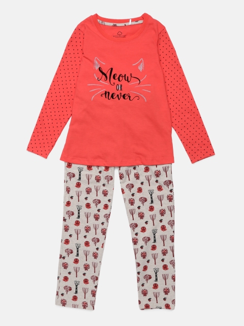 Sweet Dreams Girls Coral & Grey Printed Night suit 621678