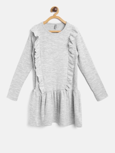 Losan Girls Grey Melange Solid Drop-Waist Dress