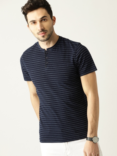 United Colors of Benetton Men Navy Blue Striped Henley Neck T-shirt