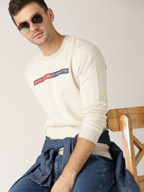 United Colors of Benetton Men Off-White Solid Sweatshirt