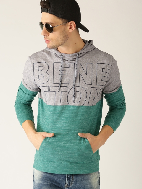 United Colors of Benetton Men Grey Melange & Green Colourblocked Hooded T-shirt