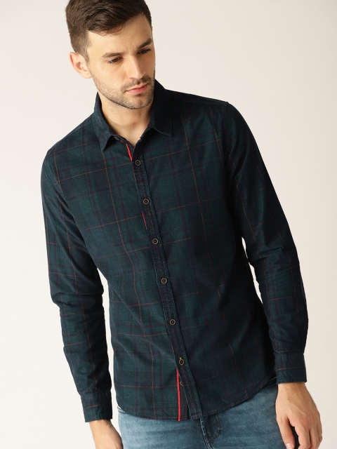 United Colors of Benetton Men Navy Blue & Green Slim Fit Checked Casual Shirt