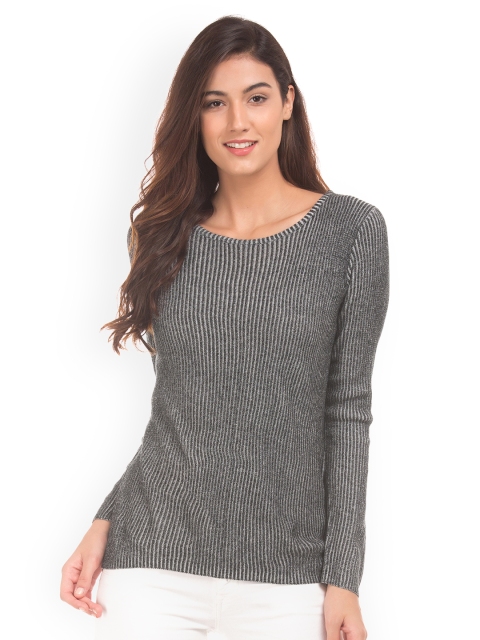 ELLE Women Grey Striped Round Neck T-shirt