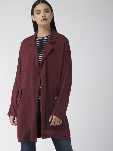 FOREVER 21 Women Maroon Solid Open Front Jacket