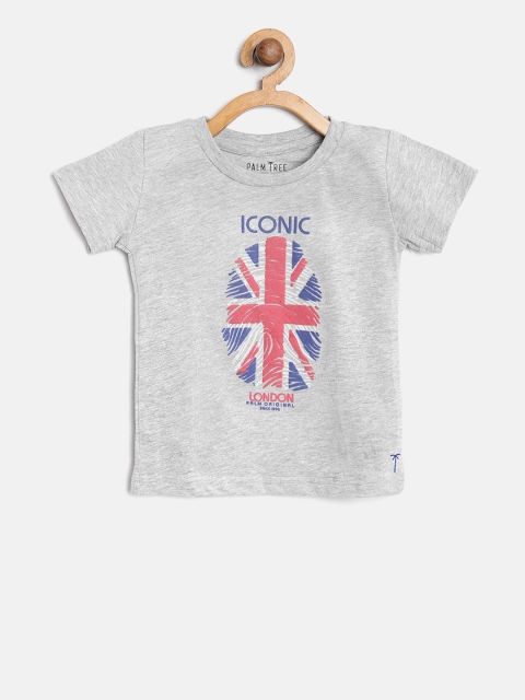 Palm Tree Boys Grey Melange Printed Round Neck T-shirt