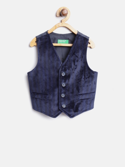 United Colors of Benetton Navy Velvet Chevron Pattern Waistcoat, Navy blue