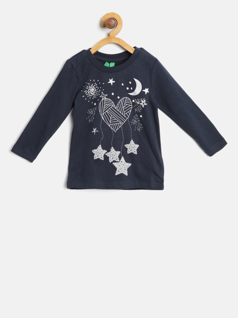 United Colors of Benetton Girls Navy Printed Round Neck T-shirt, Navy blue
