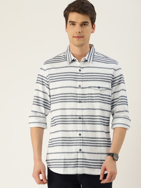 United Colors of Benetton Men White & Navy Blue Slim Fit Striped Casual Shirt