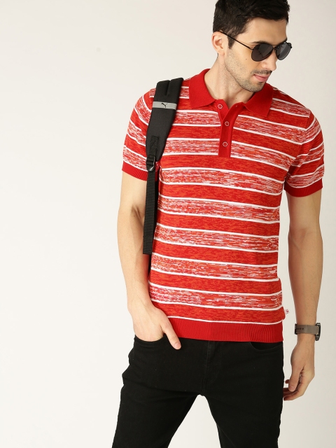 United Colors of Benetton Men Red Striped Polo Collar T-shirt