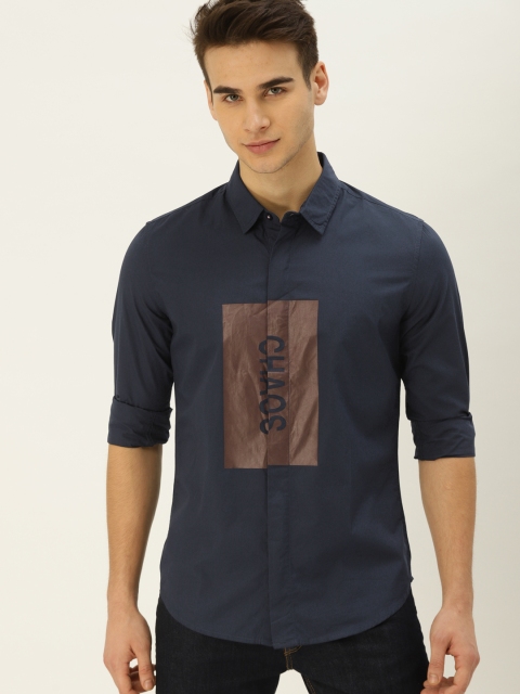 United Colors of Benetton Men Navy Blue & Brown Slim Fit Printed Casual Shirt