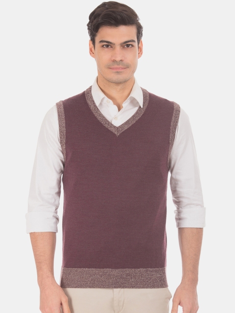 Arrow Men Taupe Solid Sweater Vest