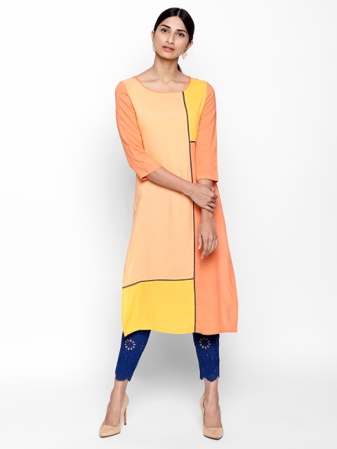 Naari Women Peach-Coloured & Yellow Solid Straight Kurta