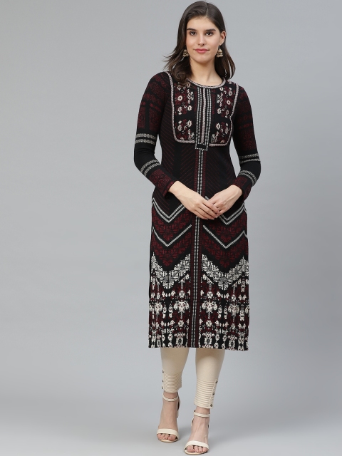 W Women Black & Maroon Ethnic Motifs Patterned Round Neck Knitted Straight Winter Kurta
W Women Black & Maroon Ethnic Motifs Patterned Round Neck Knitted Straight Winter Kurta