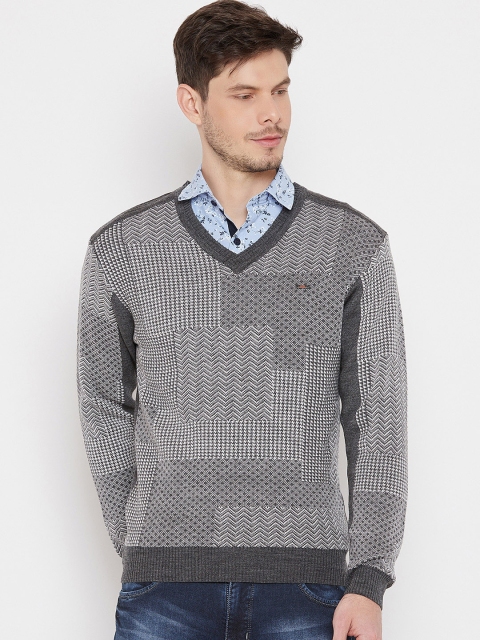 Duke Men Grey & White Self Design Pullover