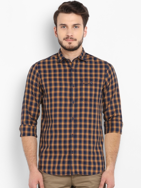 ColorPlus Men Yellow & Blue Regular Fit Checked Casual Shirt