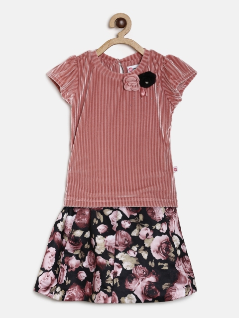 Peppermint Girls Pink & Black Printed Top with Skirt