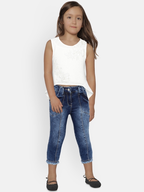 Peppermint Girls Off-White & Navy Blue Self-Design Top with Capris