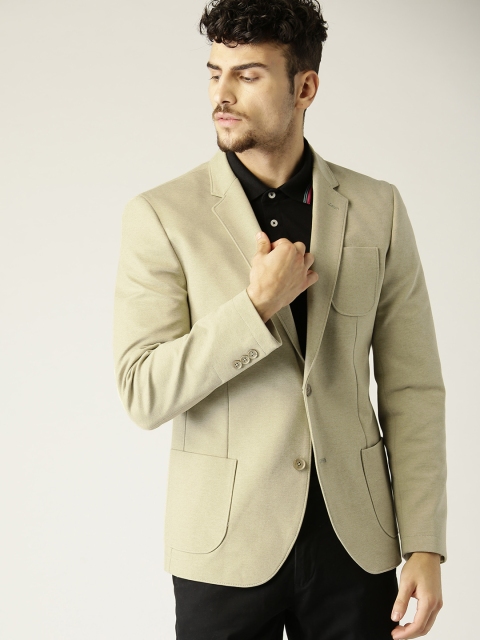 United Colors of Benetton Men Beige Solid Single-Breasted Casual Blazer