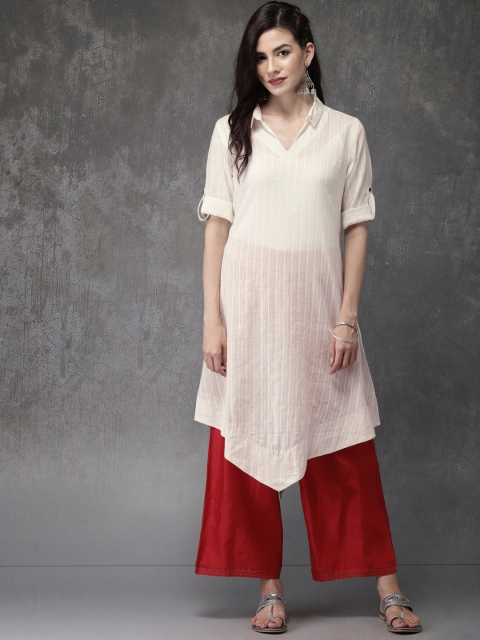 Anouk Women White Striped A-Line Kurta