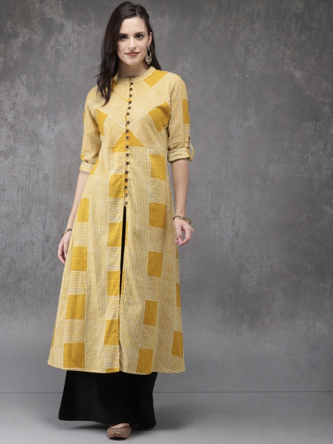 Anouk Women Yellow Striped A-Line Kurta