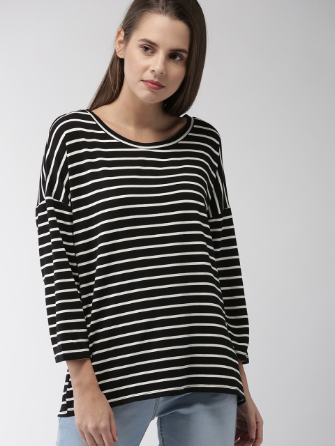 FOREVER 21 Women Black Striped Round Neck T-shirt