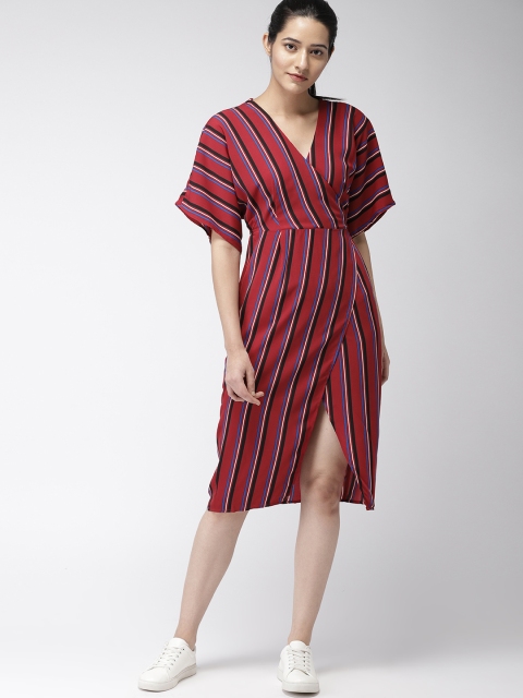 FOREVER 21 Women Red Striped Knee length Wrap Dress