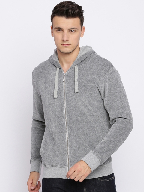Basics Men Grey Solid Hooded Bomber