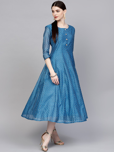 Yufta Women Blue & Golden Printed Maxi Dress 
Yufta Women Blue & Golden Printed Maxi Dress