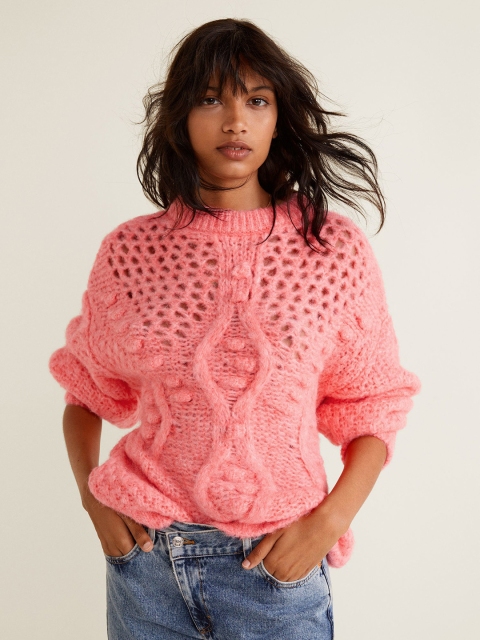 MANGO Women Pink Open Knit Sweater