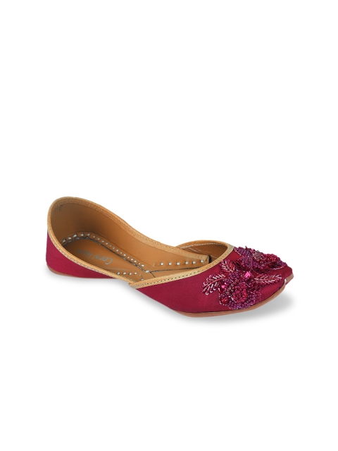Coral Haze Women Red Embellished Canvas Mojaris
