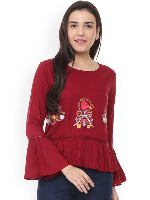 People Women Maroon Embroidered Peplum Top