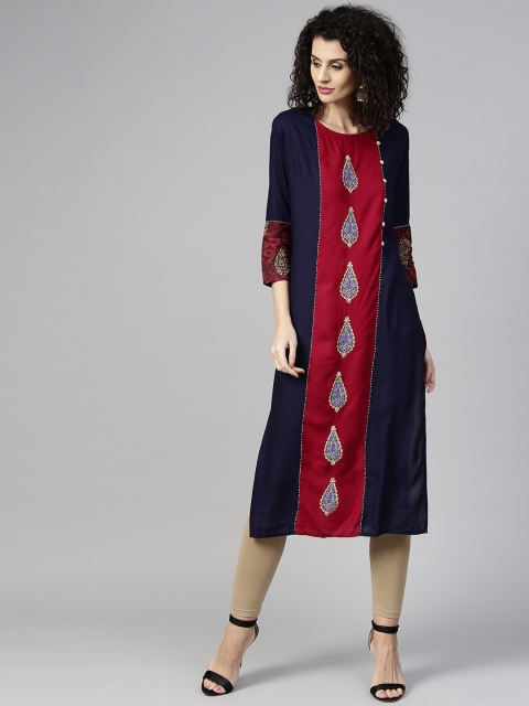 Yufta Women Maroon & Navy Embroidered Printed Straight Kurta