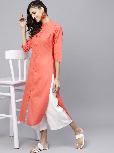 GERUA Women Coral Pink Solid Straight Kurta