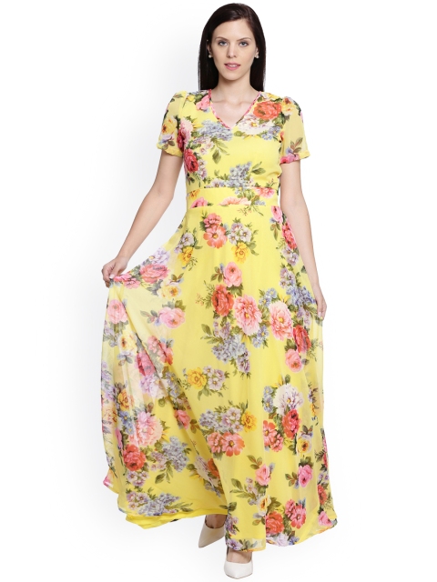 Just Wow Women Yellow Printed Maxi Dress
