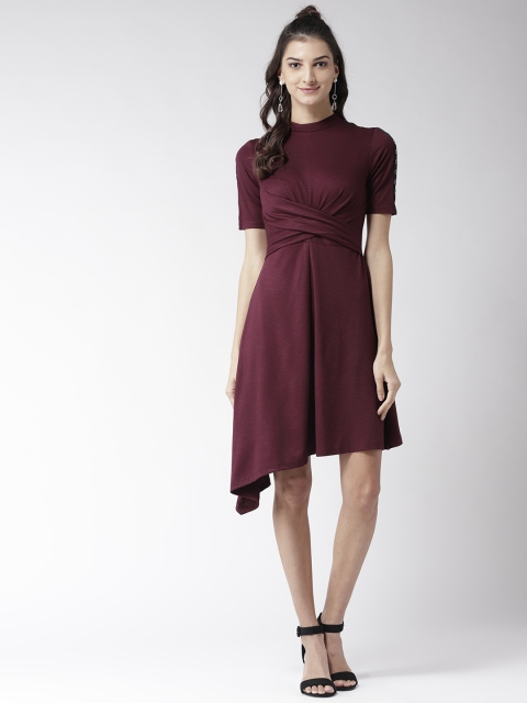 Madame Women Burgundy Solid Fit & Flare Dress