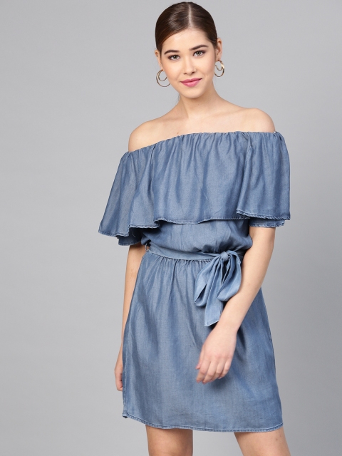 STREET 9 Women Blue Solid Off-Shoulder Layered Chambray A-Line Dress