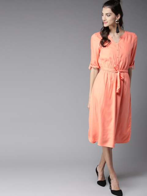 HERE&NOW Women Coral Orange Solid Fit and Flare Dress