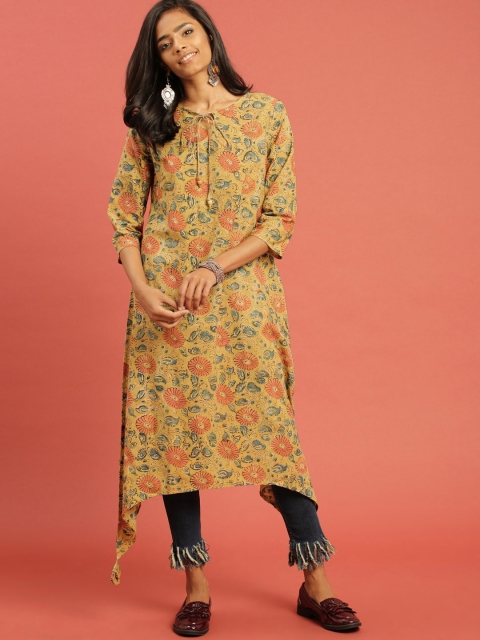 Taavi Women Mustard Yellow & Orange Kalamkari Hand Block Print Sustainable A-Line Asymmetric Kurta
Taavi Women Mustard Yellow & Orange Kalamkari Hand Block Print Sustainable A-Line Asymmetric Kurta