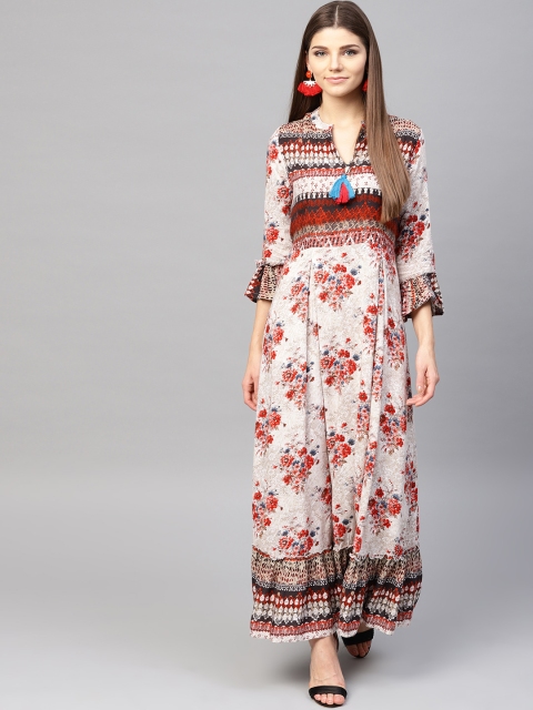 ANAISA Women Beige & Red Printed Maxi Dress