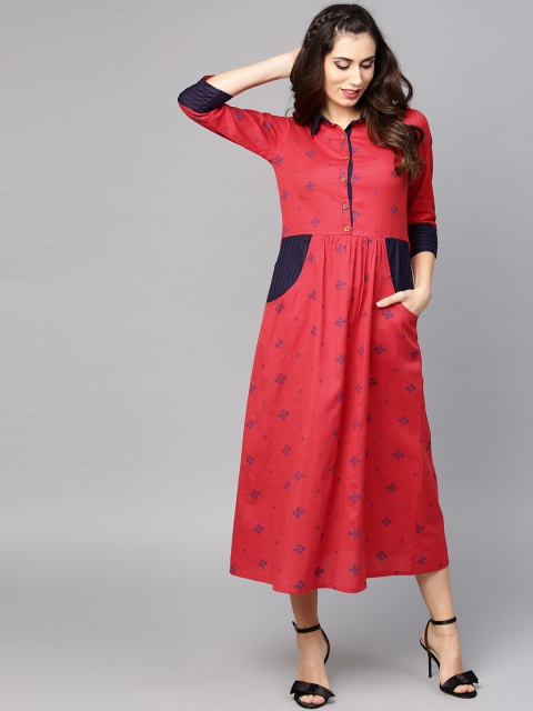 Tulsattva Women Red & Navy Printed A-Line Dress