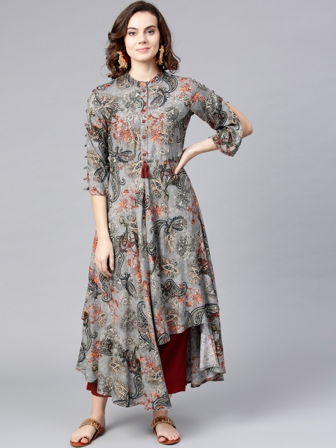 Yufta Women Grey & Orange Printed A-Line Kurta