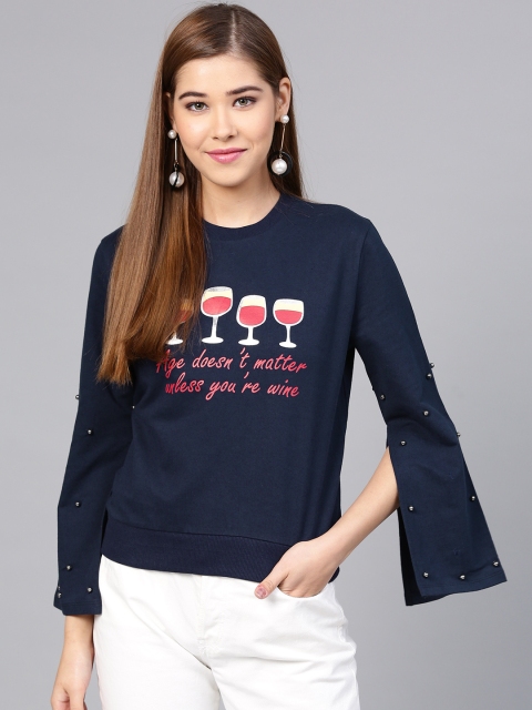STREET 9 Women Navy Blue & Red Printed Sweatshirt