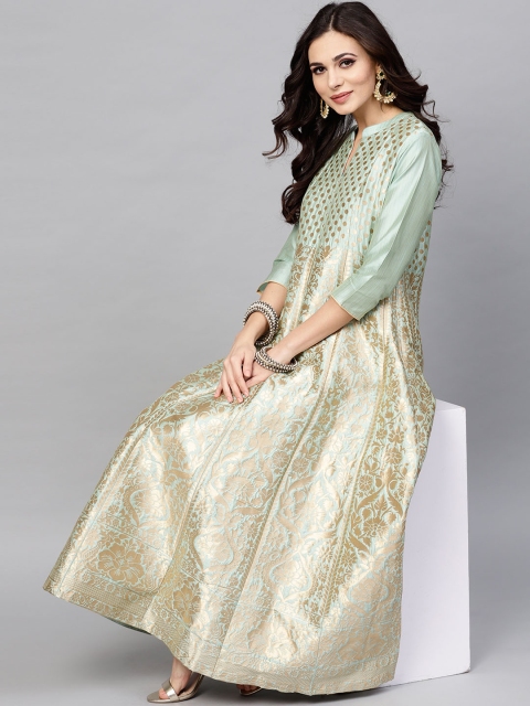 AKS Women Sea Green & Golden Self Design Maxi Dress