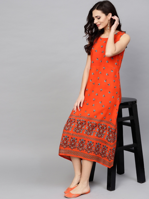 AKS Women Orange & Blue Printed A-Line Dress