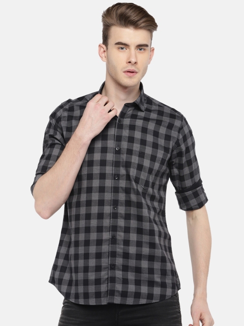 Easies Men Black & Grey Slim Fit Checked Casual Shirt
