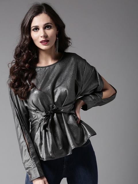 Moda Rapido Women Charcoal Grey Shimmer Cinched Waist Top