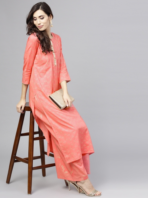 aasi Women Coral Pink & Golden Printed Kurta with Palazzos