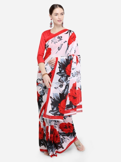 Satrani Off-White & Red Poly Georgette Printed Saree